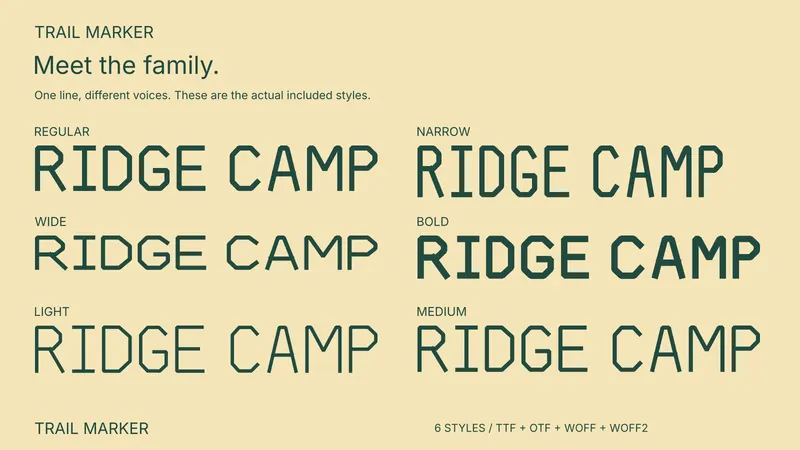 Trail Marker style comparison: Regular, Narrow, Wide, Bold, Light, Medium