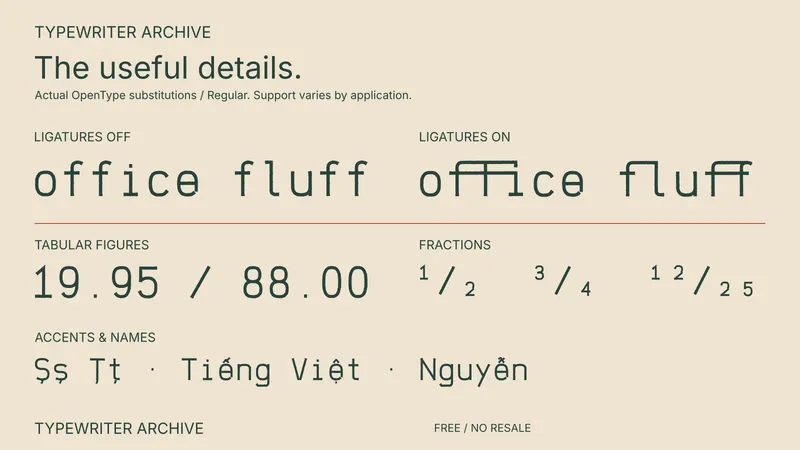 Typewriter Archive: examples of included font features