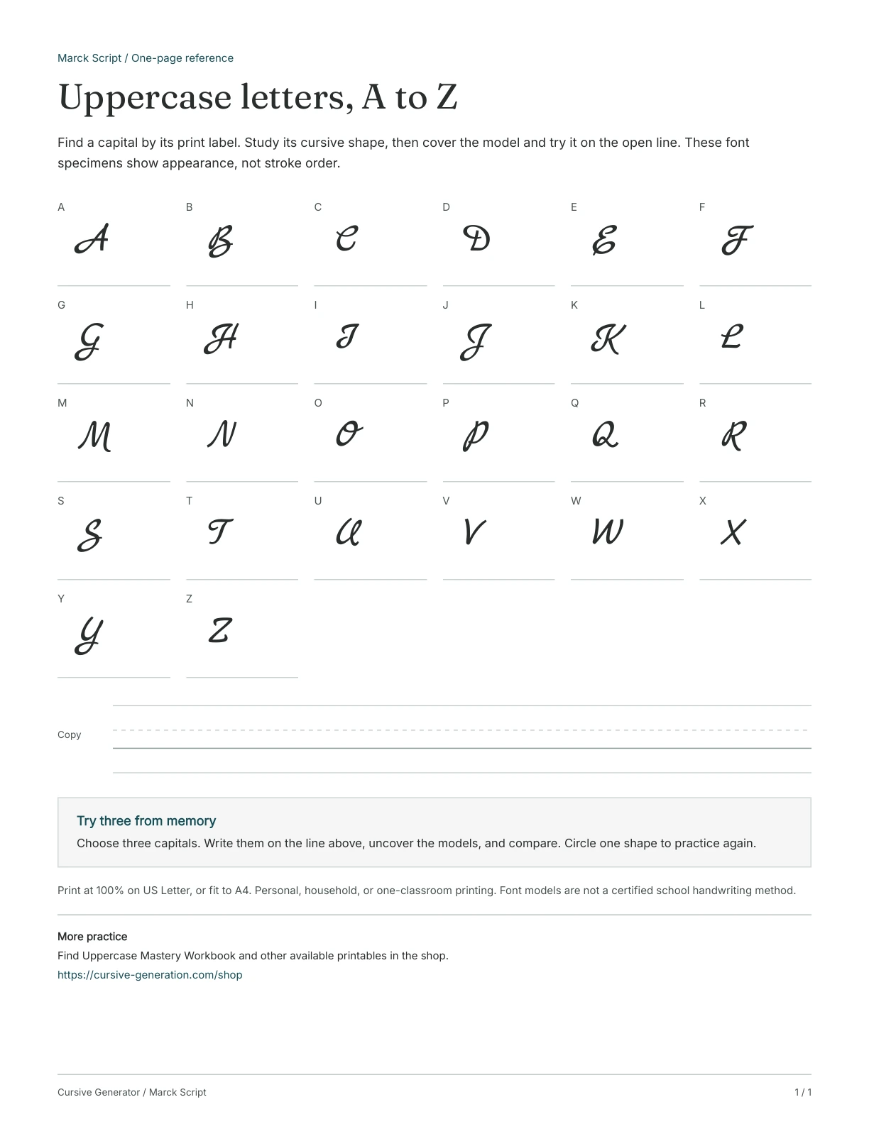 Page 1: Uppercase letters, A to Z