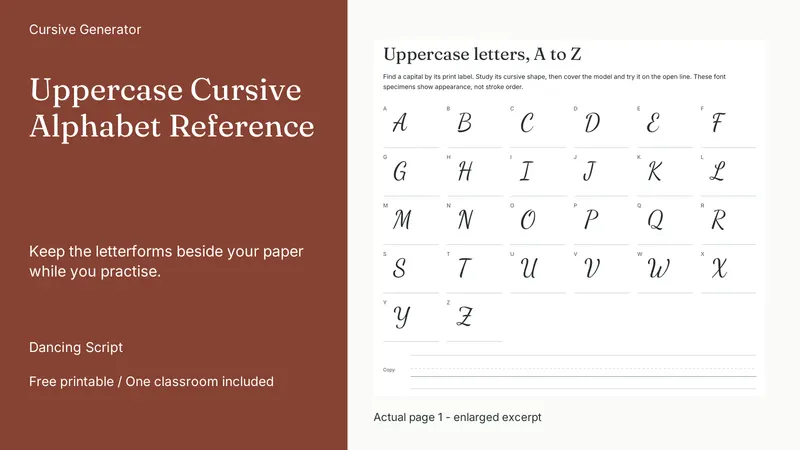 Uppercase Cursive Alphabet Reference: actual page excerpt