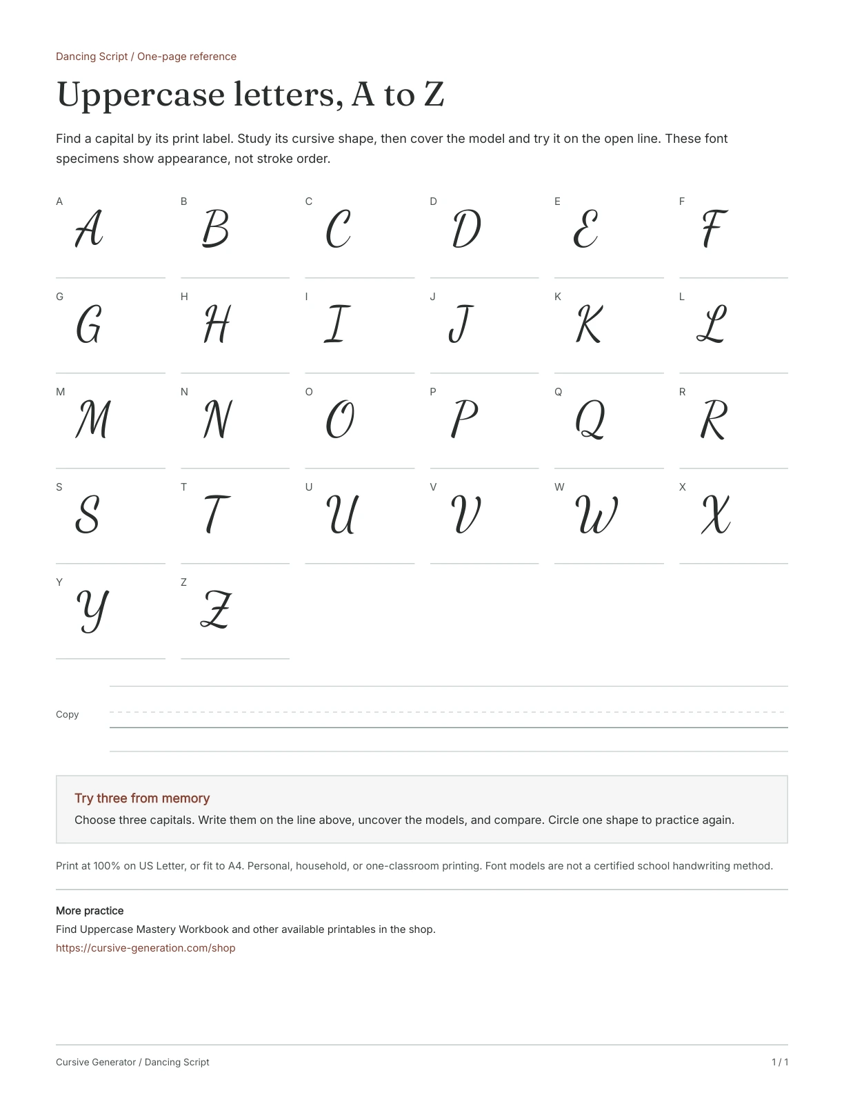Page 1: Uppercase letters, A to Z