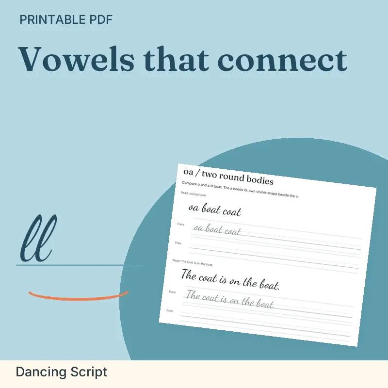 Vowel-Blend Join Practice Pack, Dancing Script: illustrated preview with actual page excerpt