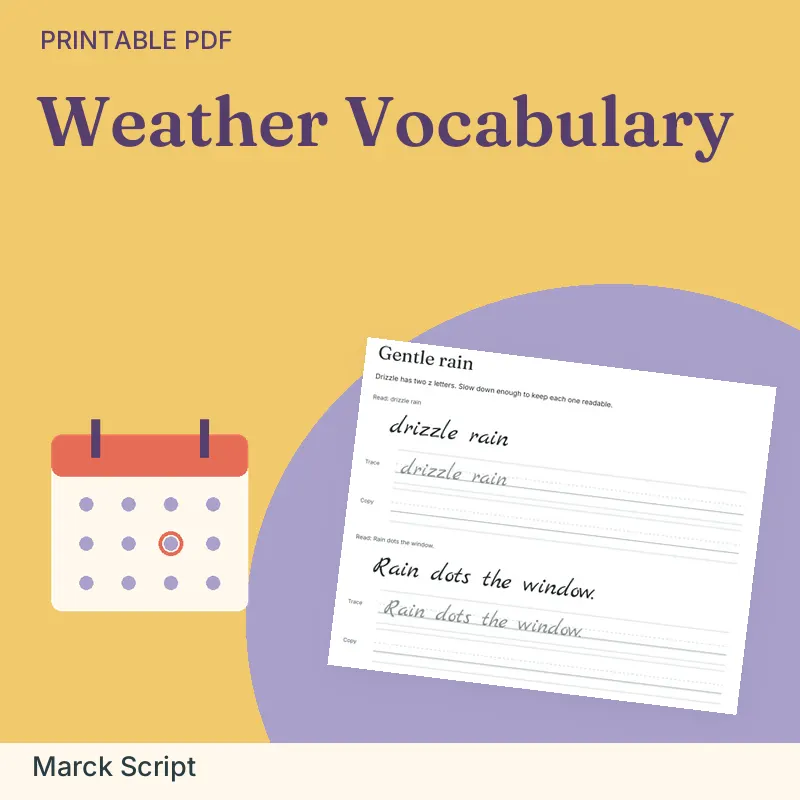 Weather Vocabulary Practice Pack, Marck Script: illustrated preview with actual page excerpt