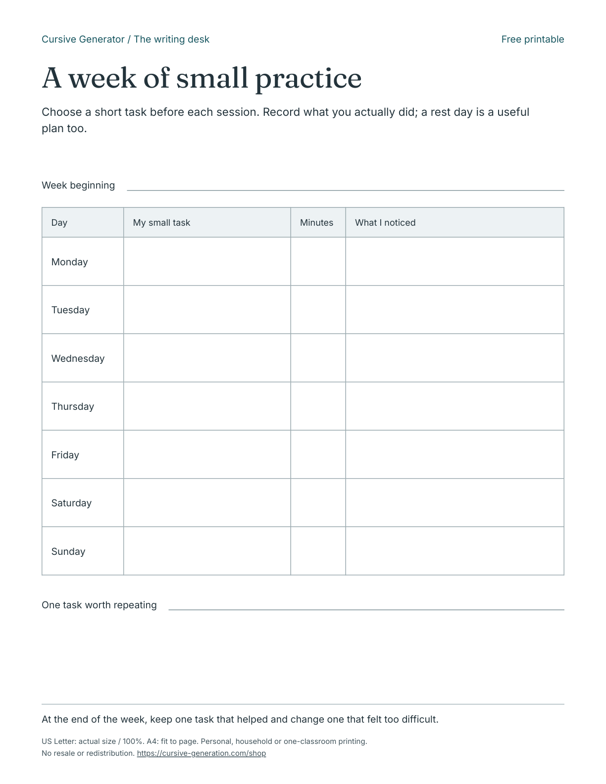 Printable page from A week of small practice - Free Printable