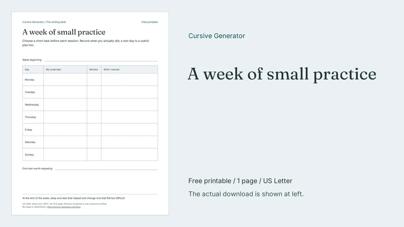 A week of small practice - Free Printable: printable page preview