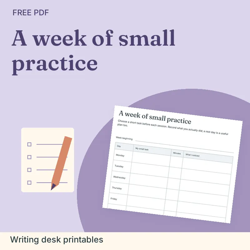 A week of small practice, Writing desk printables: illustrated preview with actual page excerpt
