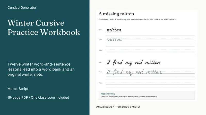 Winter Cursive Practice Workbook: actual page excerpt