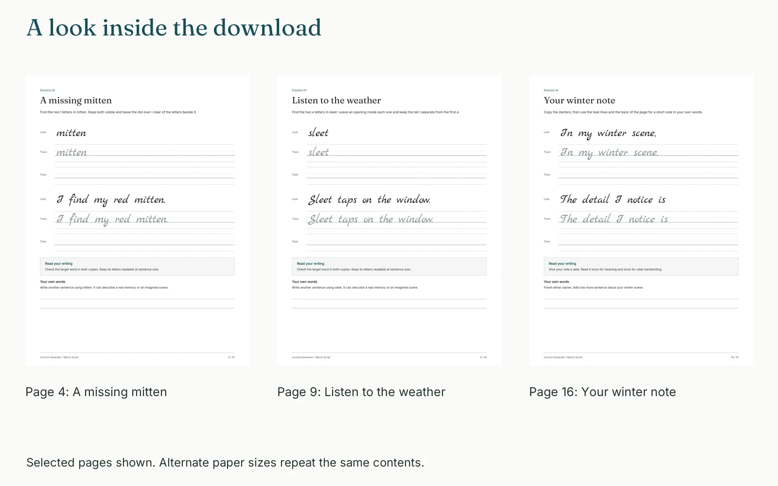Selected pages and their actual page numbers