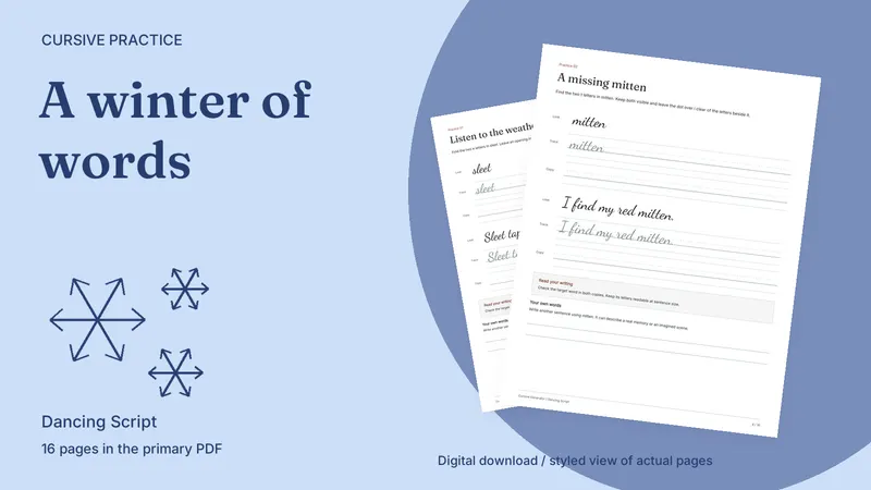 Winter Cursive Practice Workbook: styled actual-page preview