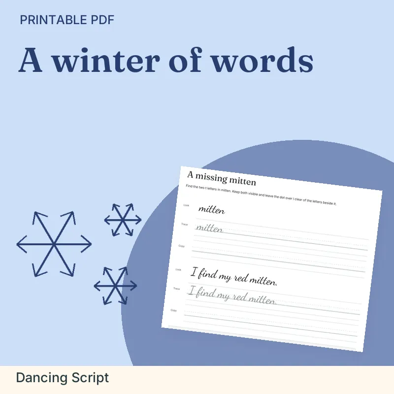 Winter Cursive Practice Workbook, Dancing Script: illustrated preview with actual page excerpt