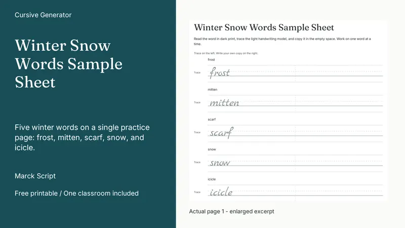 Winter Snow Words Sample Sheet: actual page excerpt