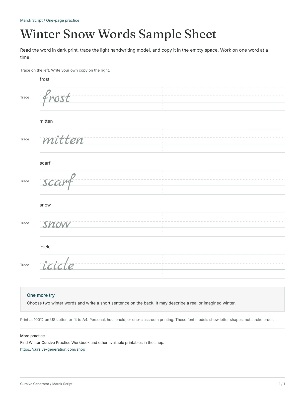 Page 1: Winter Snow Words Sample Sheet