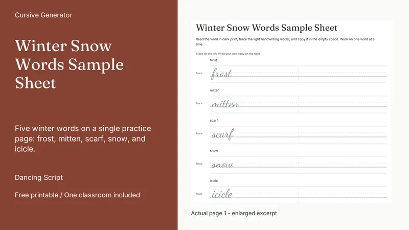 Winter Snow Words Sample Sheet: actual page excerpt