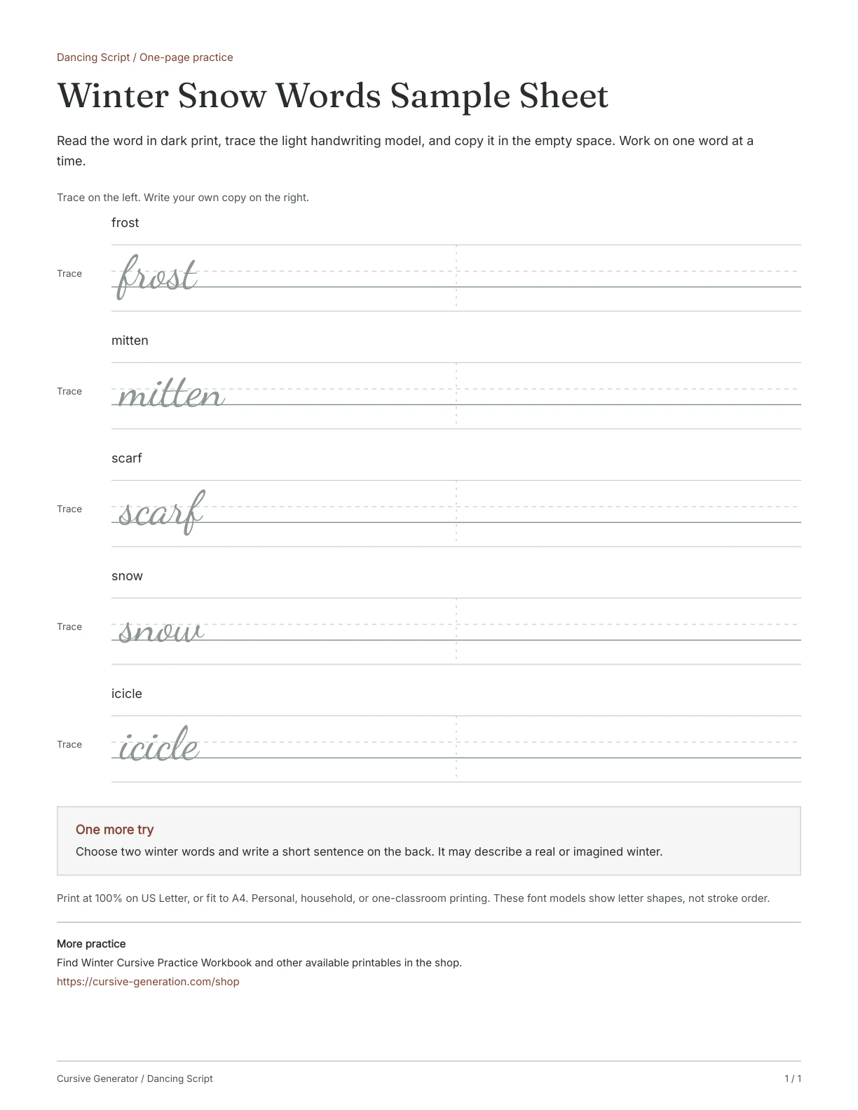 Page 1: Winter Snow Words Sample Sheet