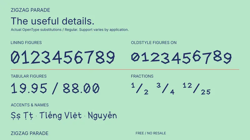 Zigzag Parade: examples of included font features