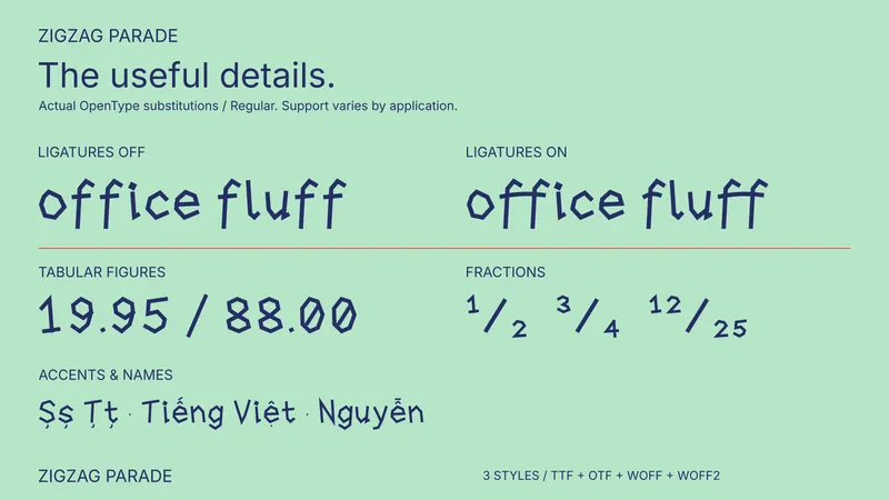 Zigzag Parade OpenType feature comparison
